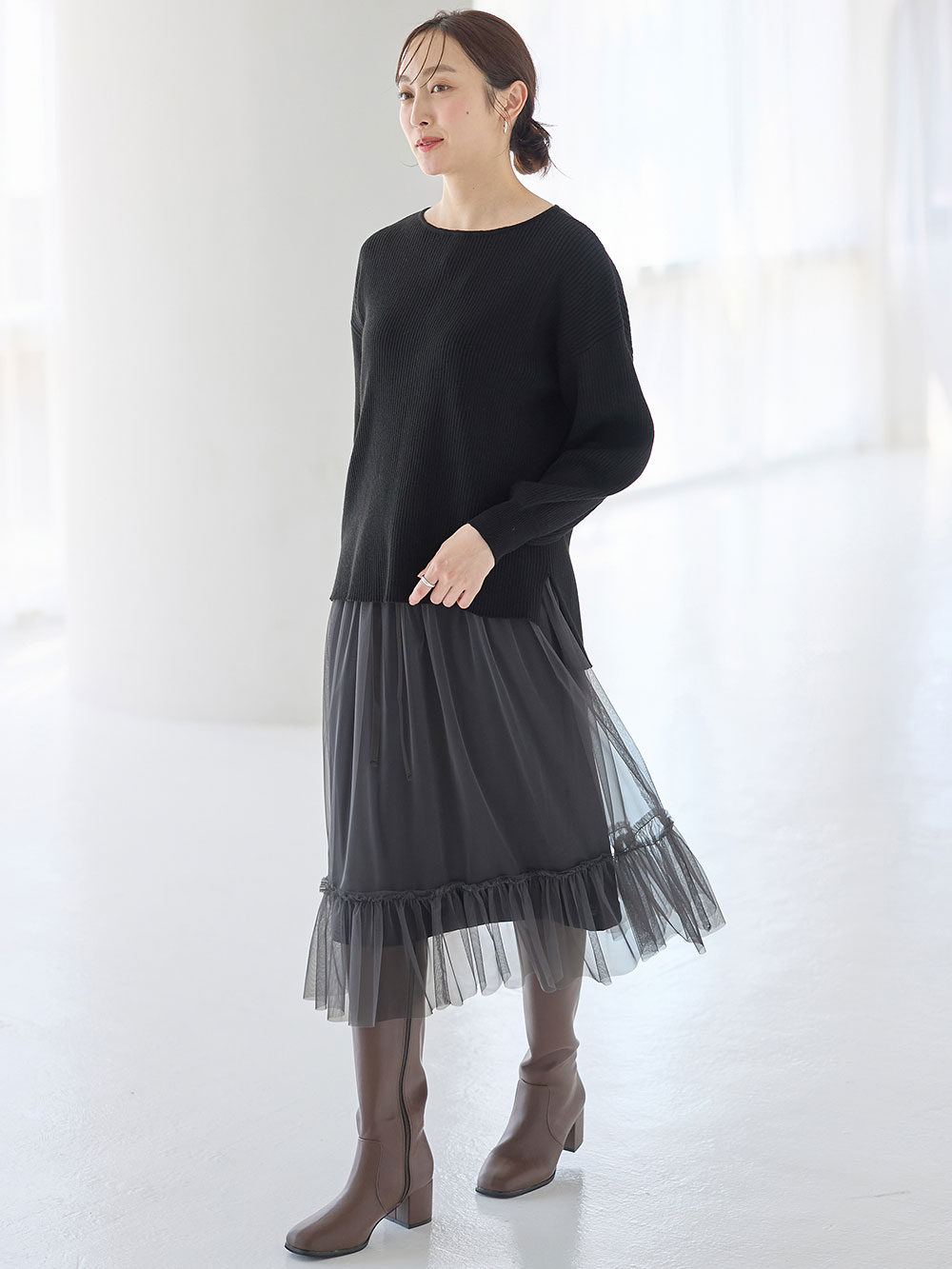 マタニティ スカート|ティアードチュールスカート マタニティ・産後【出産後も長く使える】|ダークグレー