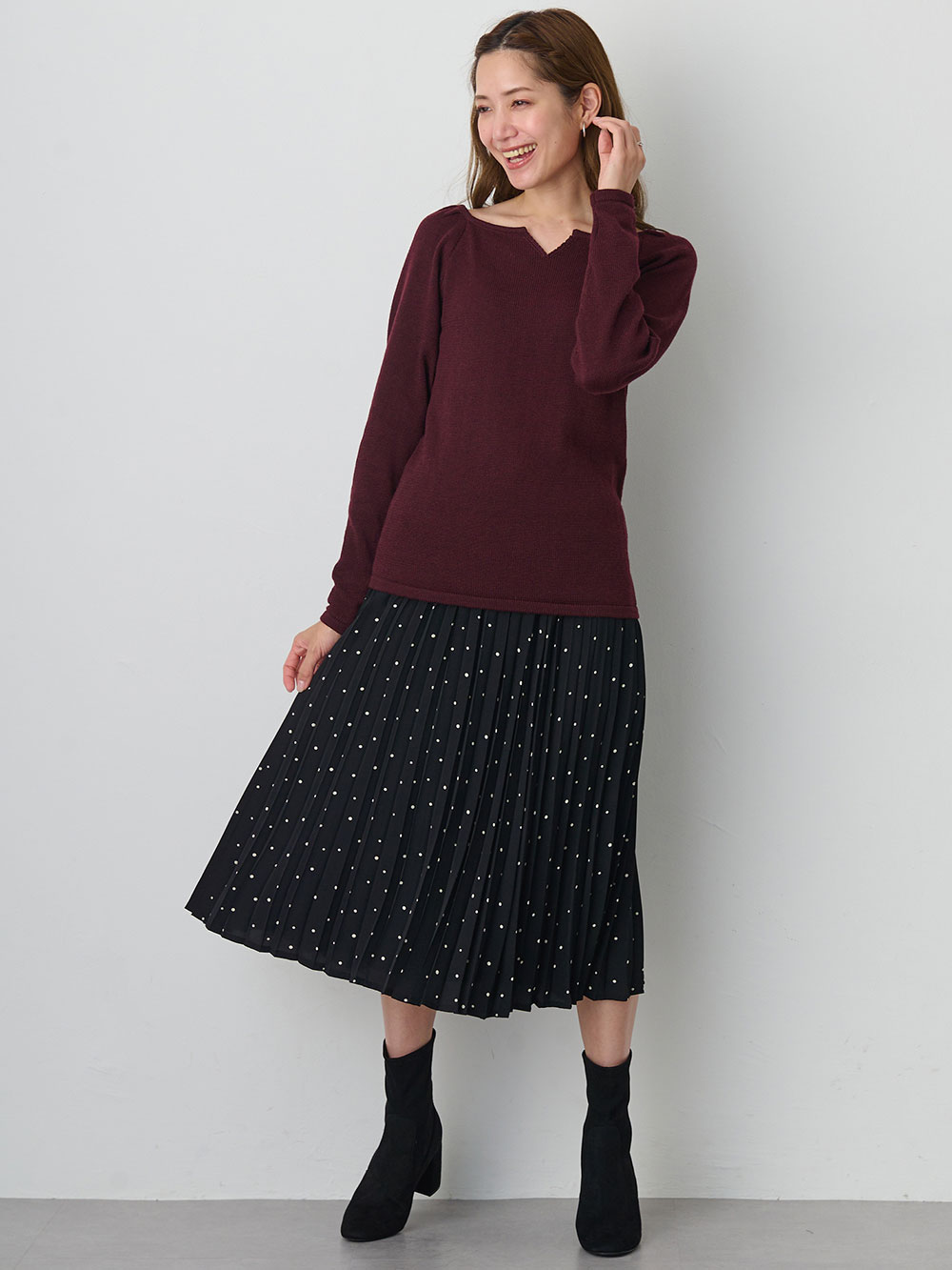 マタニティ トップス|パフスリーブリブニット マタニティ・産後【出産後も長く使える】|ボルドー