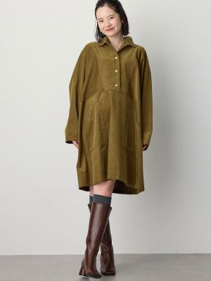 マタニティ ワンピース|フロント開きコーデュロイミニワンピ　マタニティ・授乳服【出産後も長く使える】|オリーブグリーン