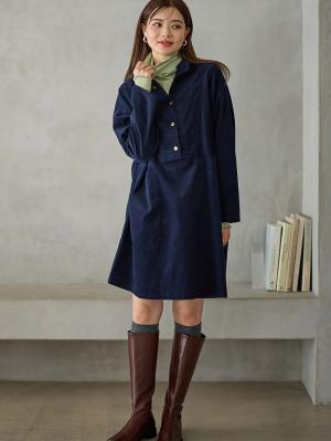 マタニティ ワンピース|フロント開きコーデュロイミニワンピ　マタニティ・授乳服【出産後も長く使える】|ネイビー