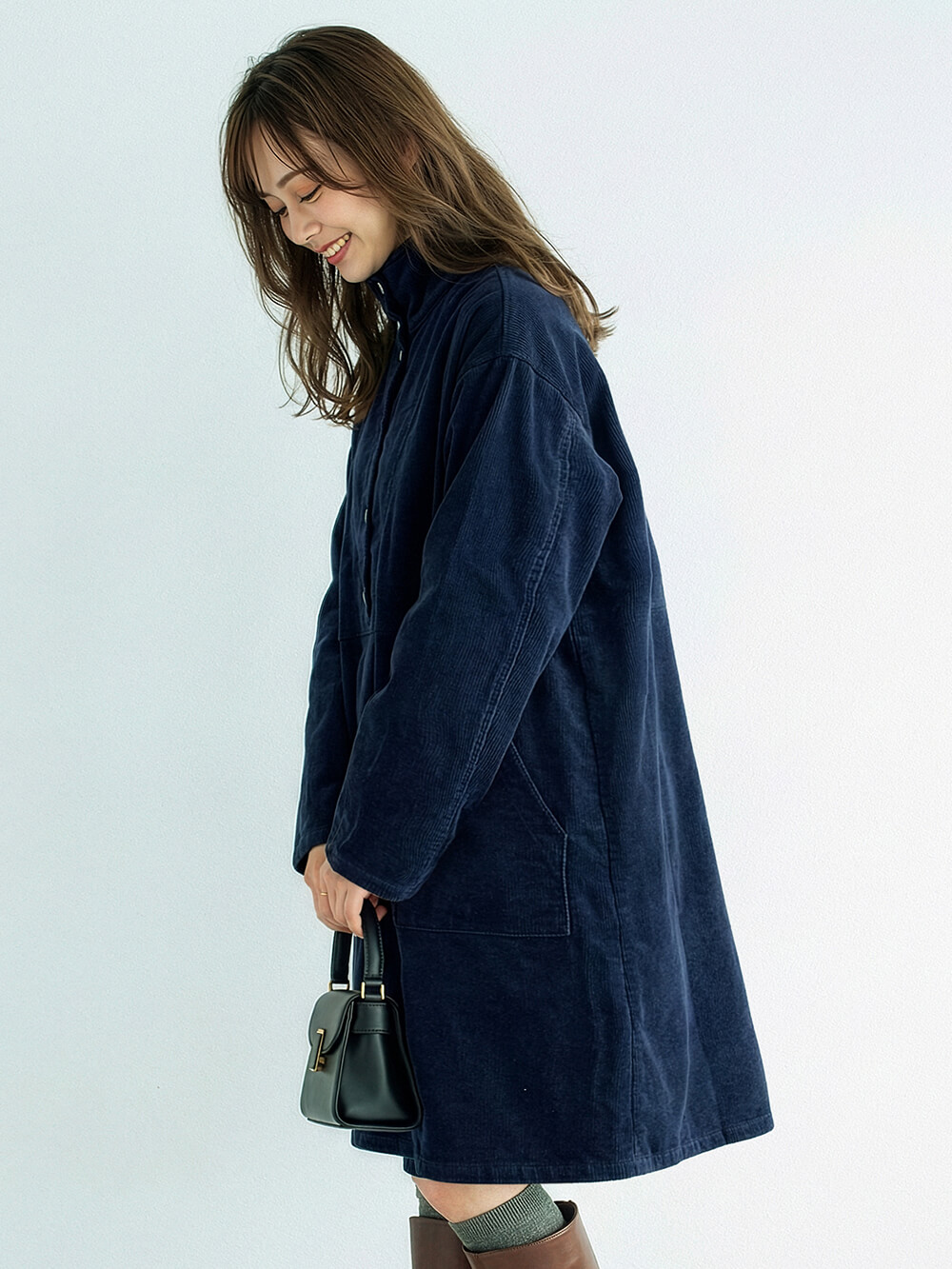 マタニティ ワンピース|フロント開きコーデュロイミニワンピ　マタニティ・授乳服【出産後も長く使える】|ネイビー