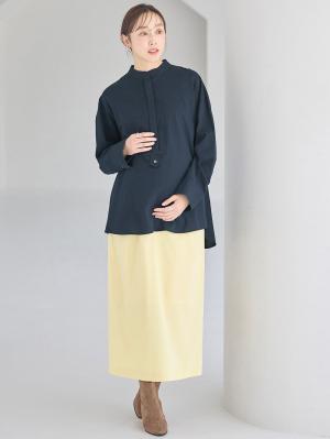 マタニティ トップス|前開きスタンドカラーシャツ　マタニティ・授乳服【出産後も長く使える】|ネイビー