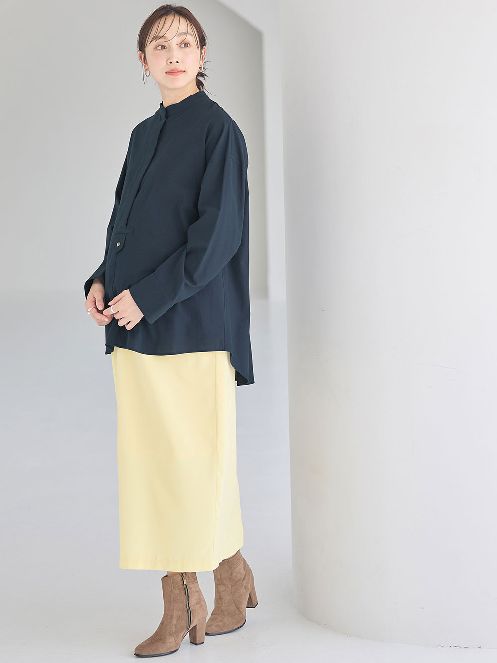 マタニティ トップス|前開きスタンドカラーシャツ　マタニティ・授乳服【出産後も長く使える】|ネイビー