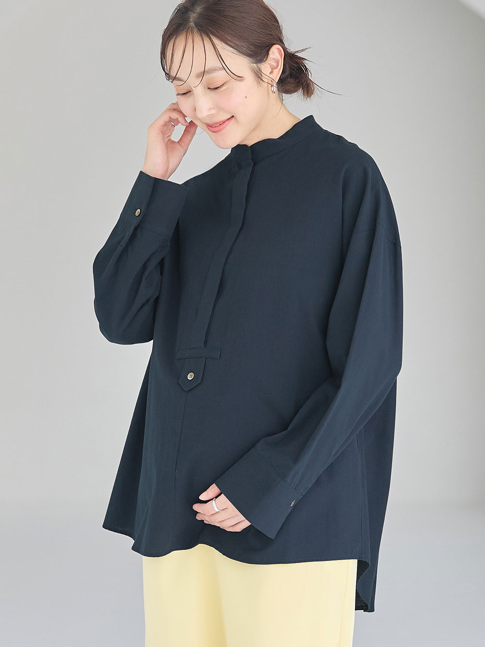 マタニティ トップス|前開きスタンドカラーシャツ　マタニティ・授乳服【出産後も長く使える】|ネイビー
