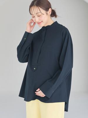マタニティ トップス|前開きスタンドカラーシャツ　マタニティ・授乳服【出産後も長く使える】|ネイビー