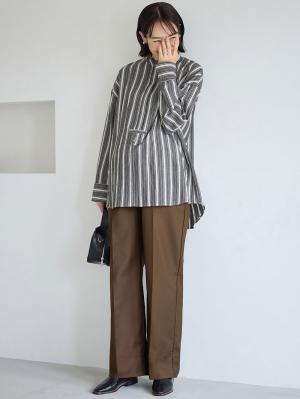 マタニティ トップス|前開きスタンドカラーシャツ　マタニティ・授乳服【出産後も長く使える】|ブラック×オフ