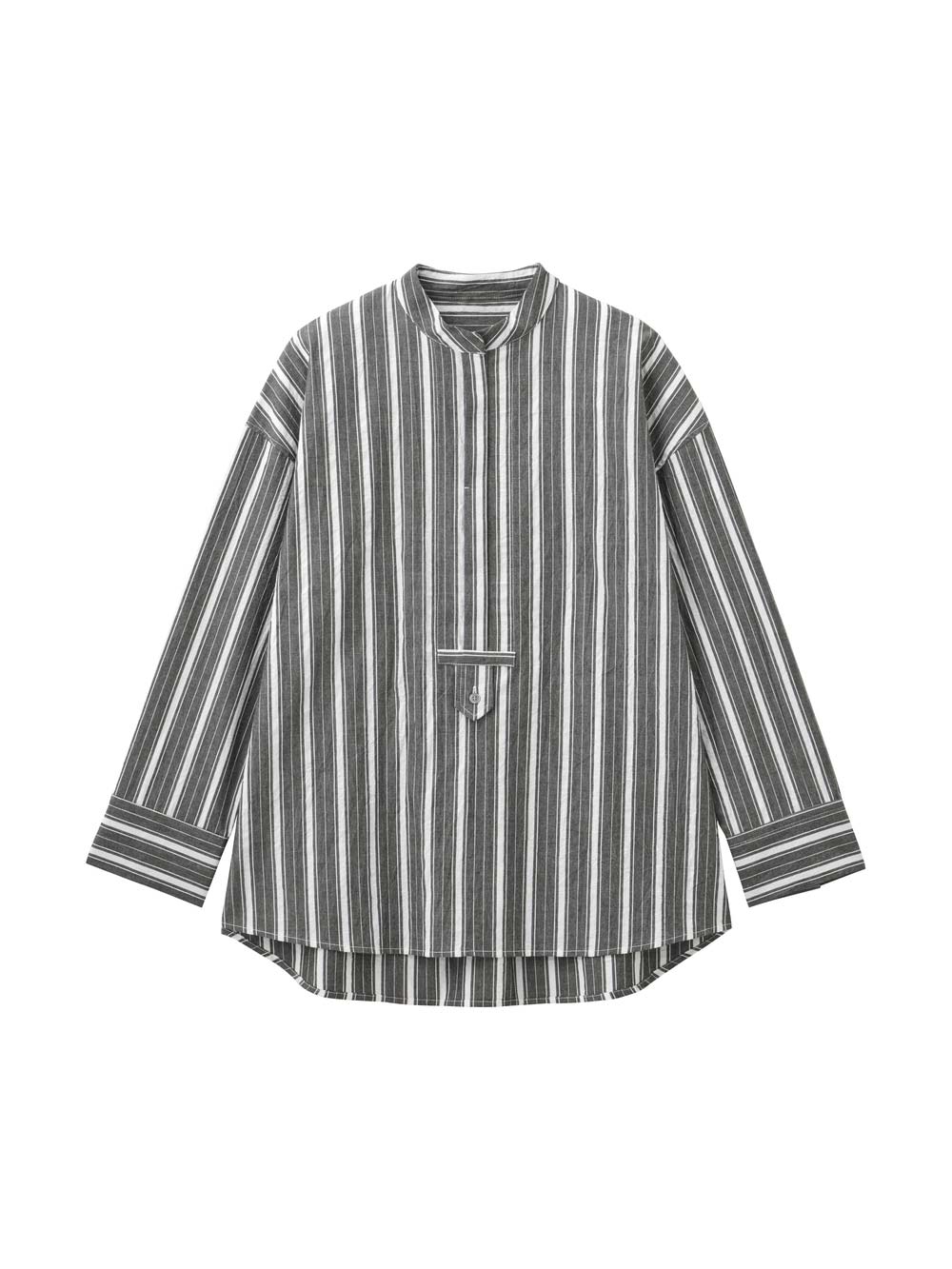 マタニティ トップス|前開きスタンドカラーシャツ　マタニティ・授乳服【出産後も長く使える】|ブラック×オフ