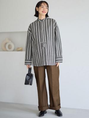 マタニティ トップス|前開きスタンドカラーシャツ　マタニティ・授乳服【出産後も長く使える】|ブラック×オフ