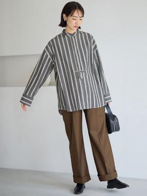 マタニティ トップス|前開きスタンドカラーシャツ　マタニティ・授乳服【出産後も長く使える】|ブラック×オフ
