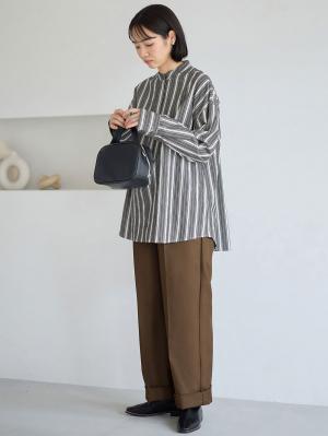 マタニティ トップス|前開きスタンドカラーシャツ　マタニティ・授乳服【出産後も長く使える】|ブラック×オフ