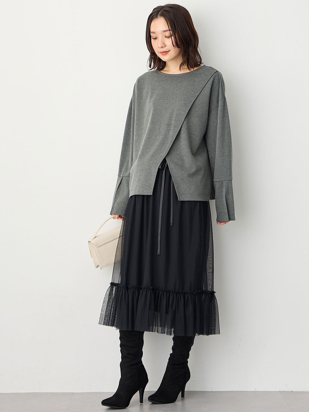 マタニティ トップス|クロススリットベルスリーブプルオーバー マタニティ・授乳服【出産後も長く使える】|杢グレー