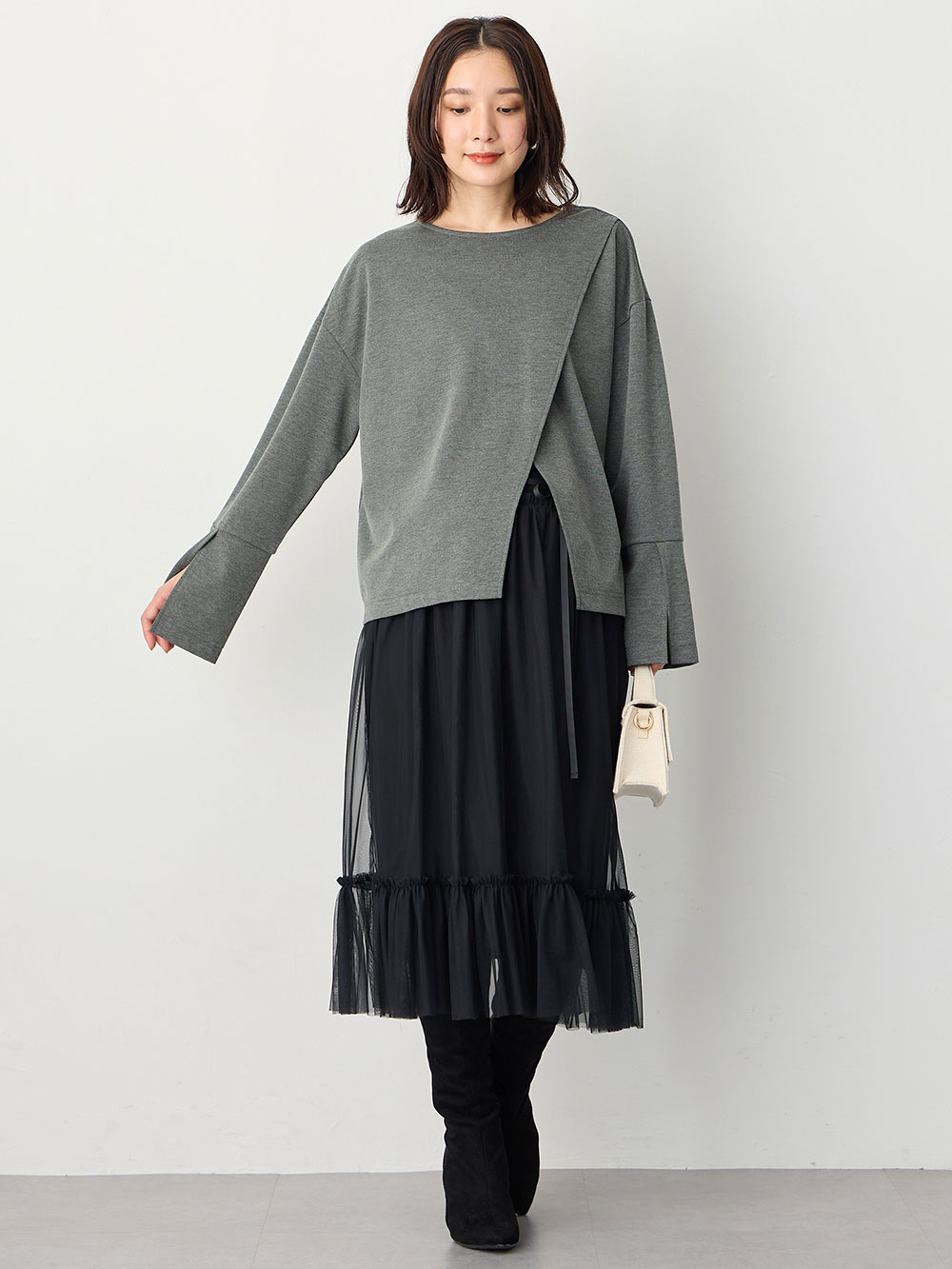 マタニティ トップス|クロススリットベルスリーブプルオーバー マタニティ・授乳服【出産後も長く使える】|杢グレー