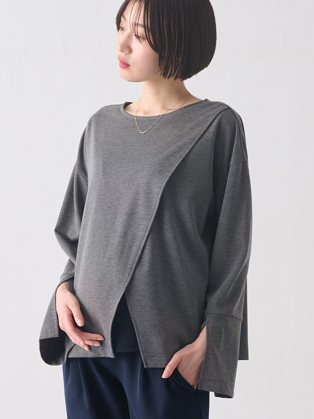 マタニティ トップス|クロススリットベルスリーブプルオーバー マタニティ・授乳服【出産後も長く使える】|杢グレー