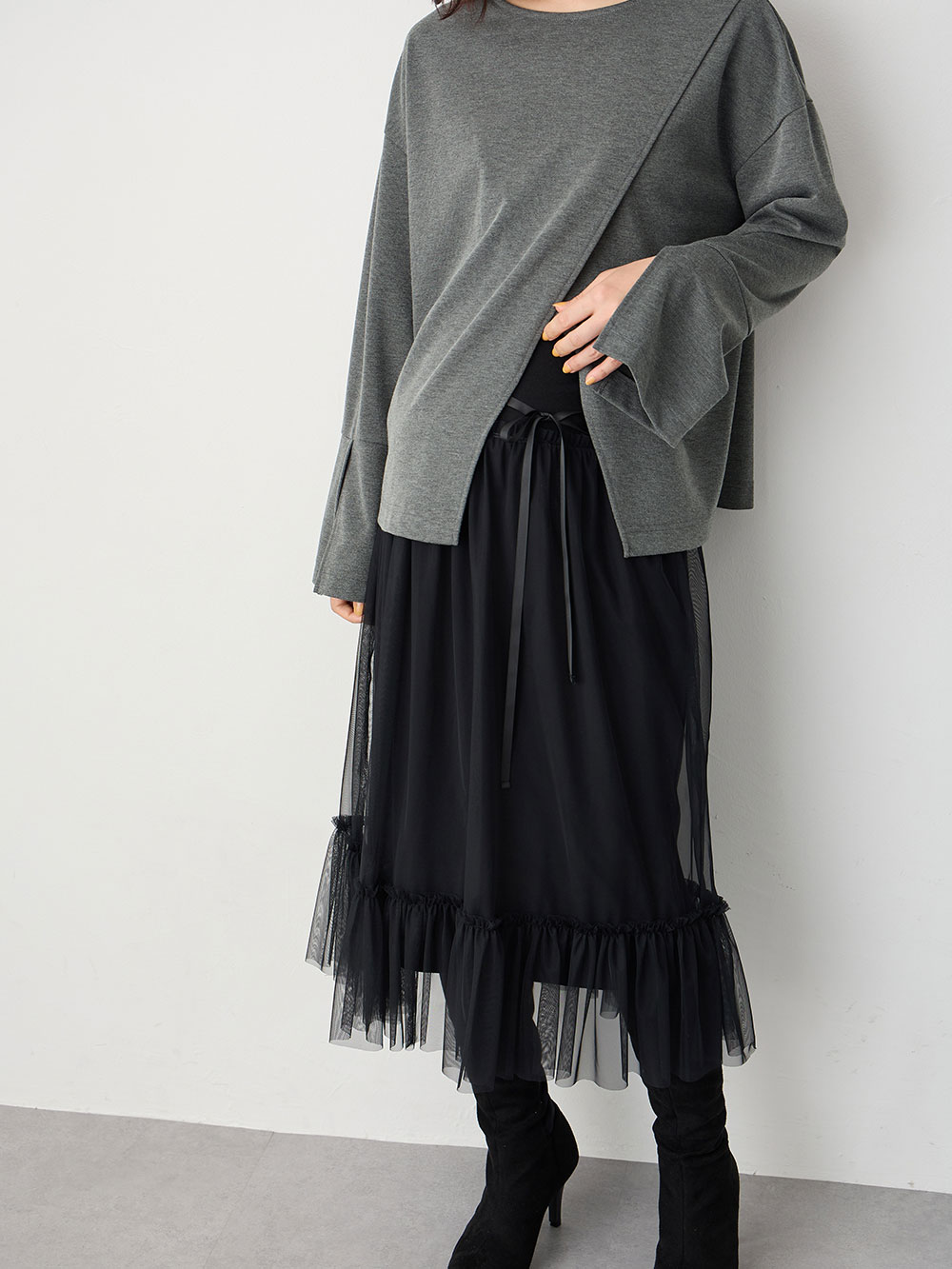 マタニティ トップス|クロススリットベルスリーブプルオーバー マタニティ・授乳服【出産後も長く使える】|杢グレー