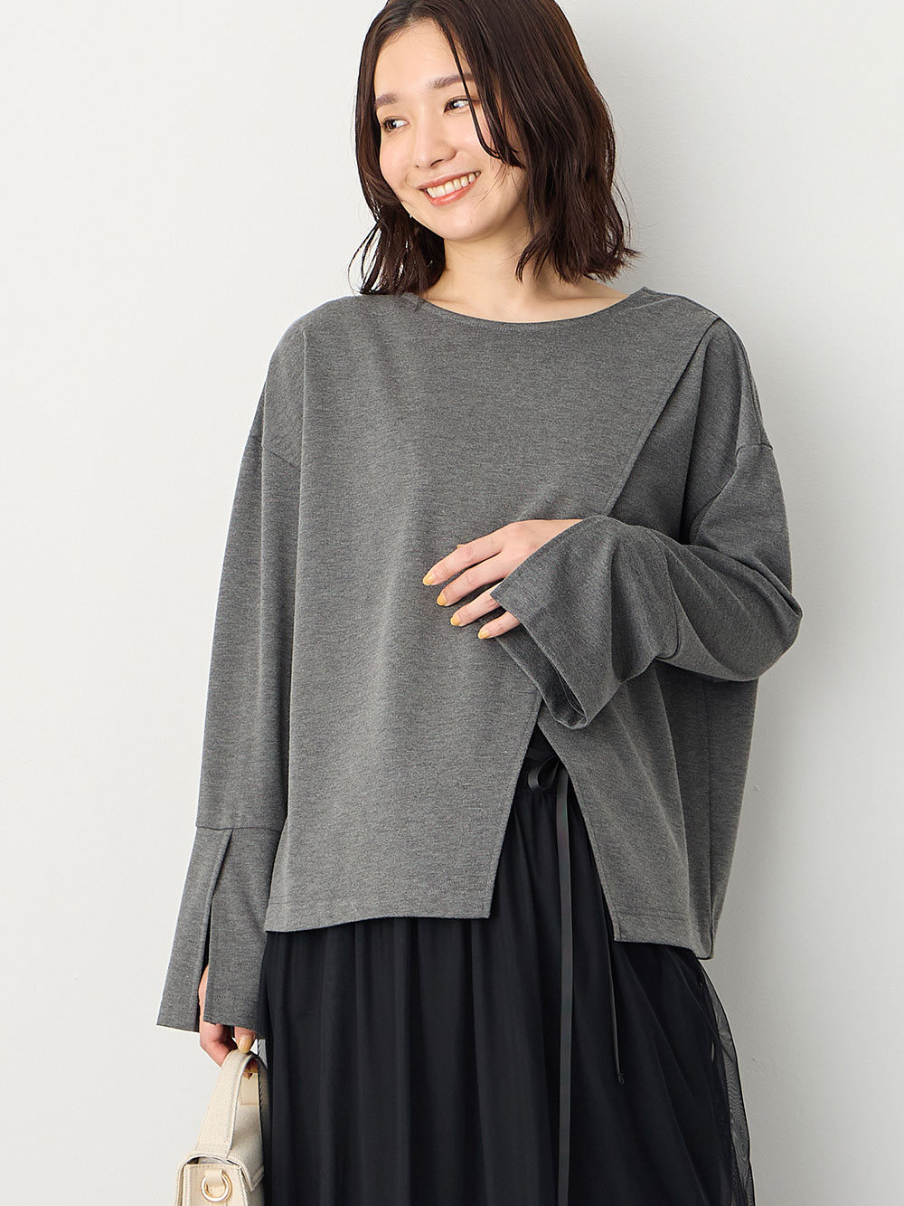 マタニティ トップス|クロススリットベルスリーブプルオーバー マタニティ・授乳服【出産後も長く使える】|杢グレー