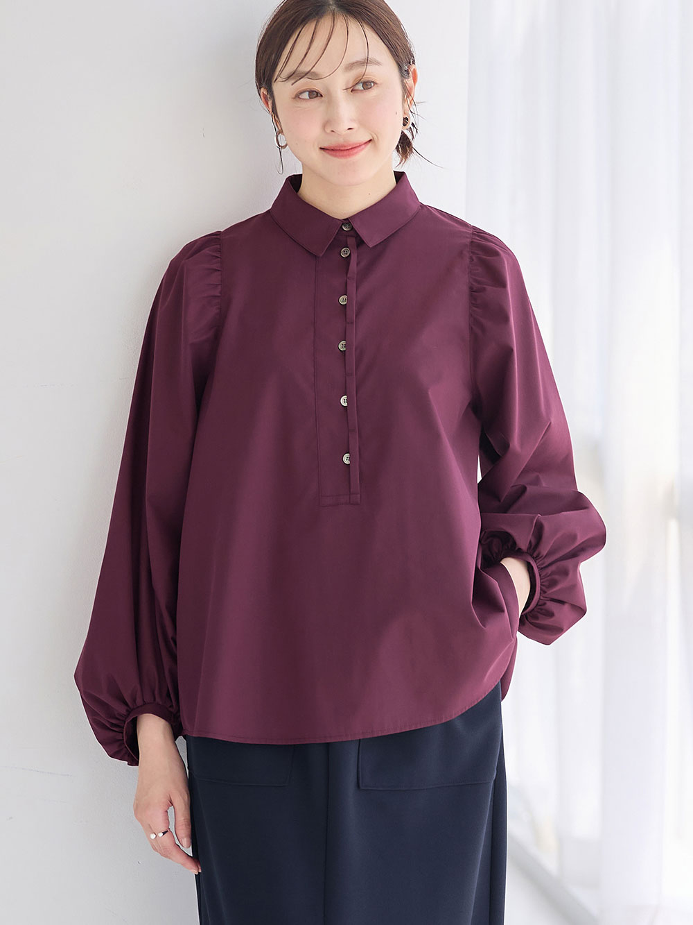 マタニティ トップス|ショルダーギャザーブラウス マタニティ・授乳服【出産後も長く使える】|ボルドー