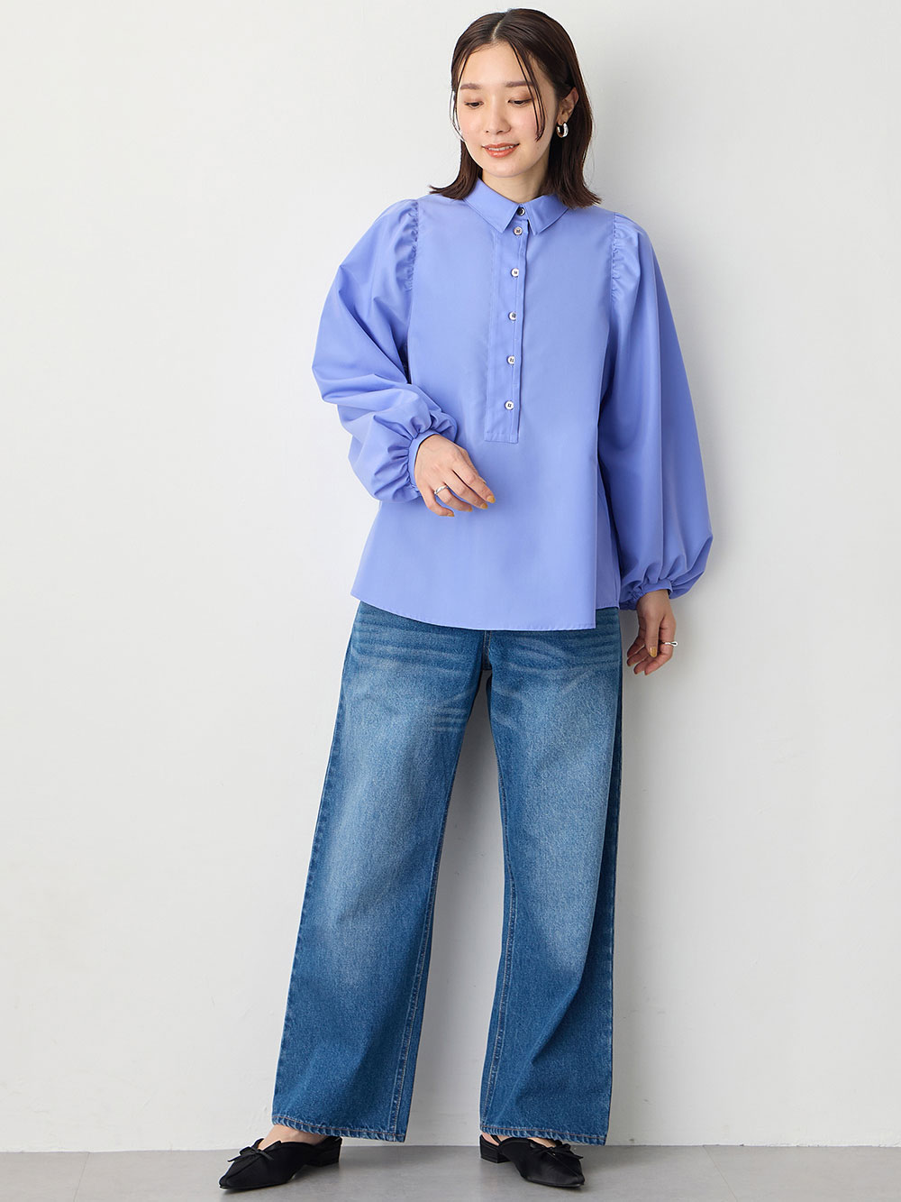 マタニティ トップス|ショルダーギャザーブラウス マタニティ・授乳服【出産後も長く使える】|ブルー