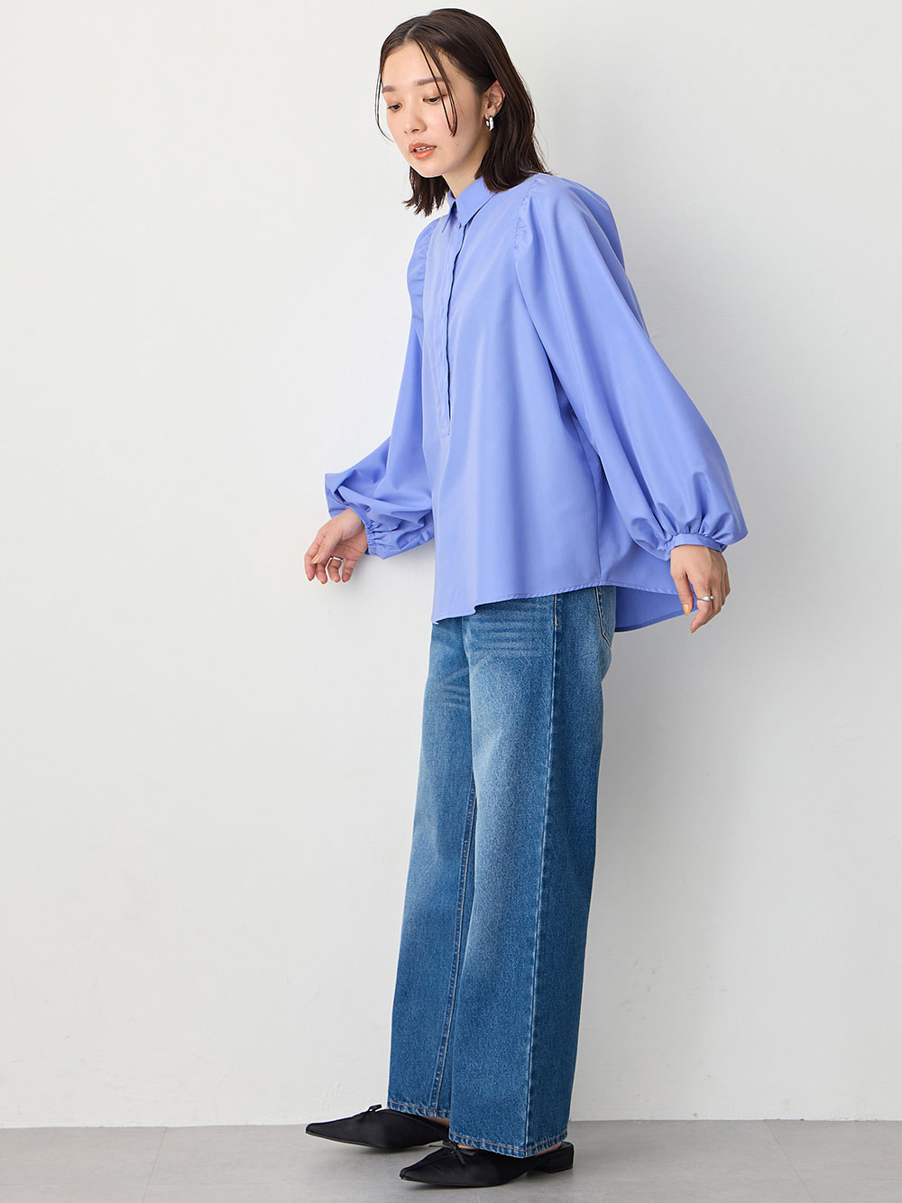 マタニティ トップス|ショルダーギャザーブラウス マタニティ・授乳服【出産後も長く使える】|ブルー