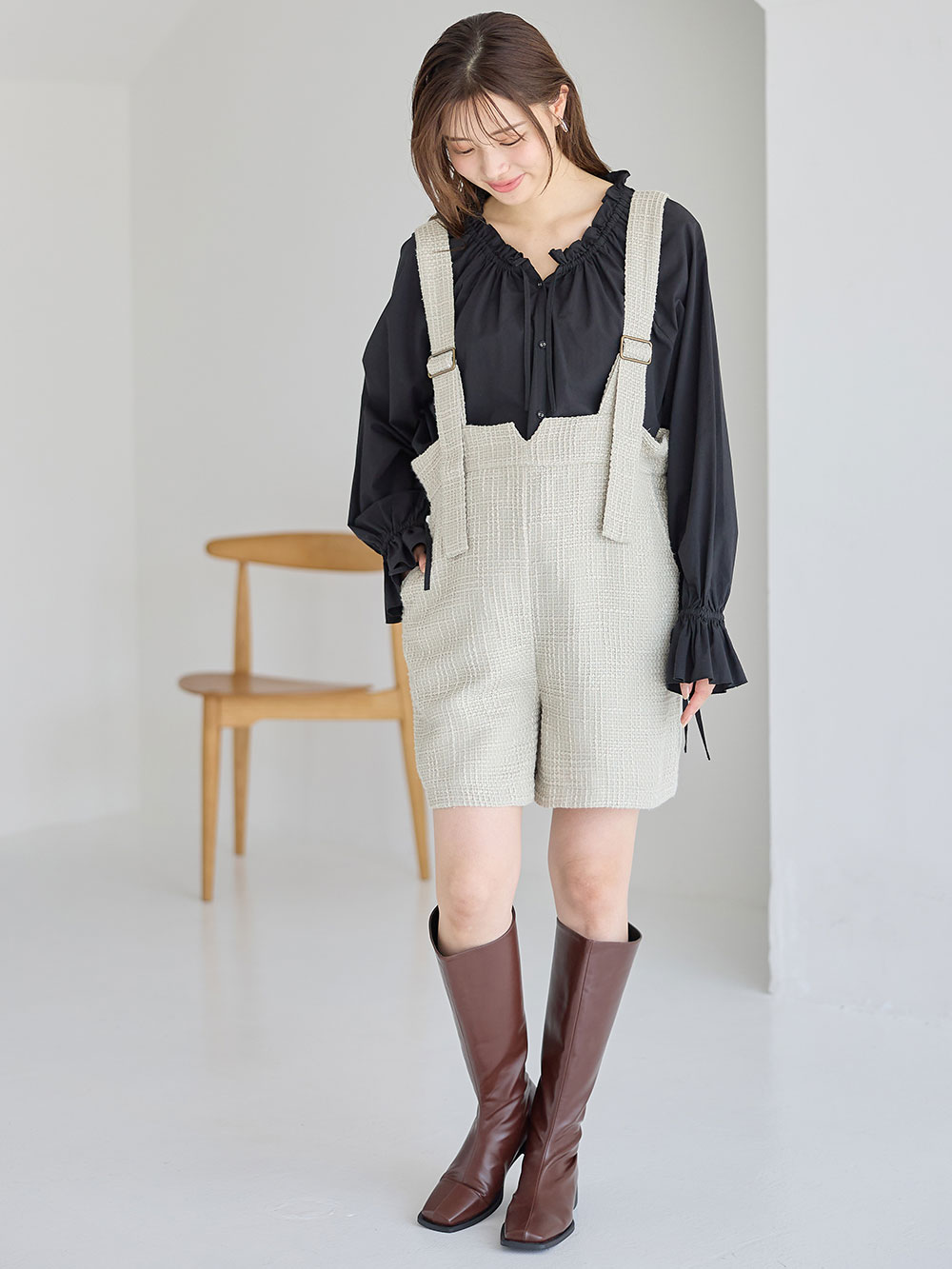 マタニティ パンツ|サスペンダーツィードショートパンツ マタニティ・産後 【出産後も長く使える】|ライトグリーン