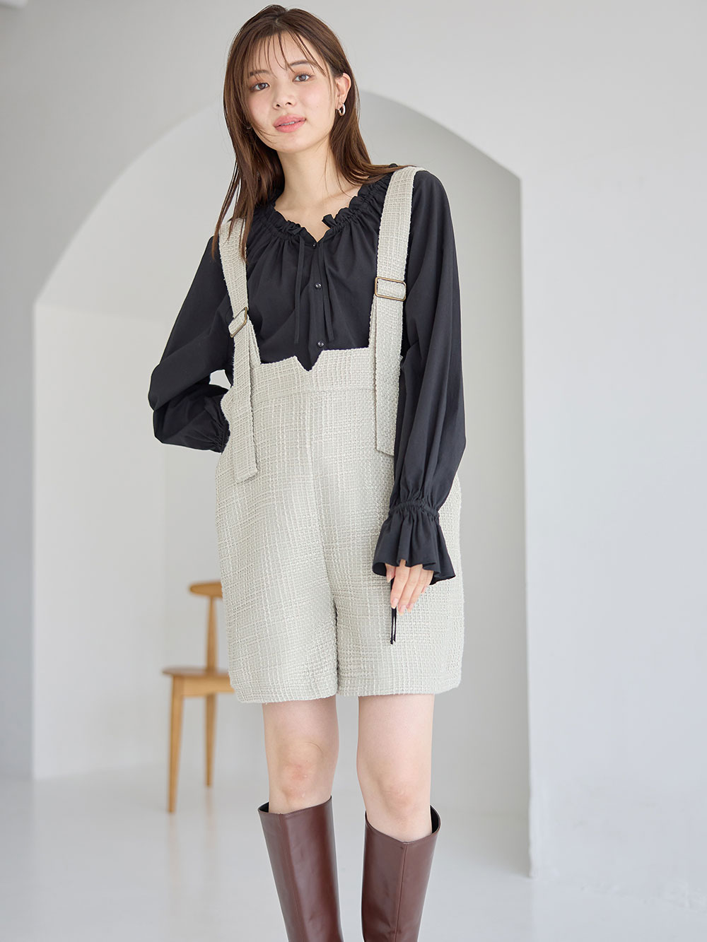 マタニティ パンツ|サスペンダーツィードショートパンツ マタニティ・産後 【出産後も長く使える】|ライトグリーン