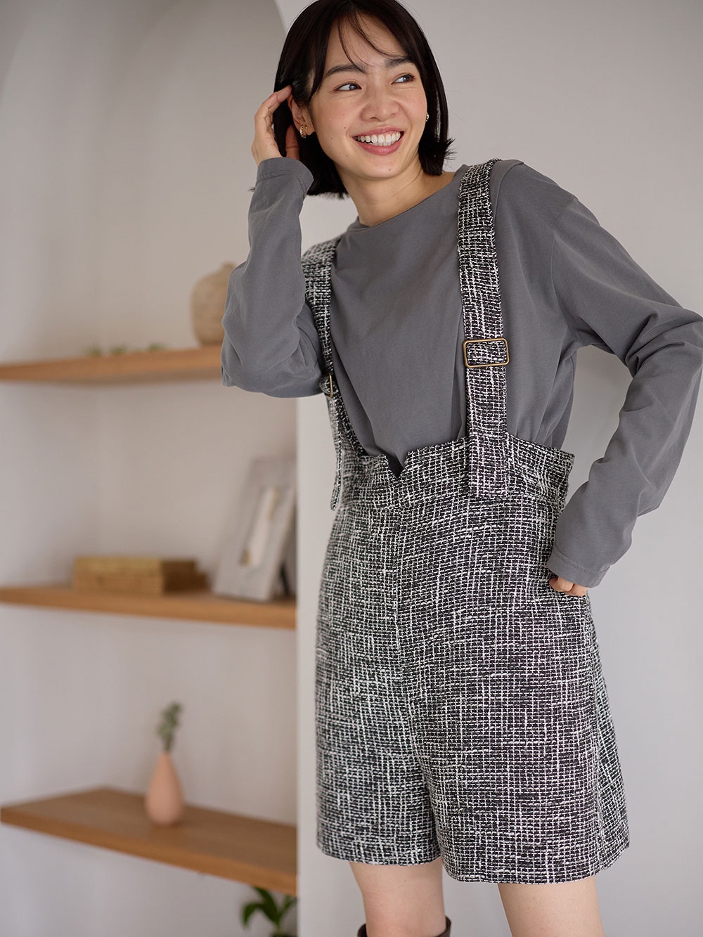 マタニティ パンツ|サスペンダーツィードショートパンツ マタニティ・産後 【出産後も長く使える】|ブラック