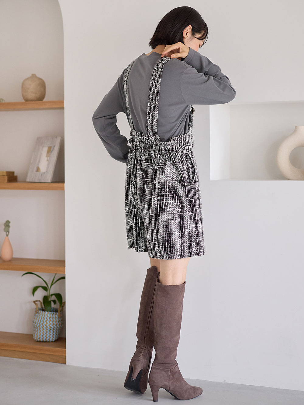 マタニティ パンツ|サスペンダーツィードショートパンツ マタニティ・産後 【出産後も長く使える】|ブラック