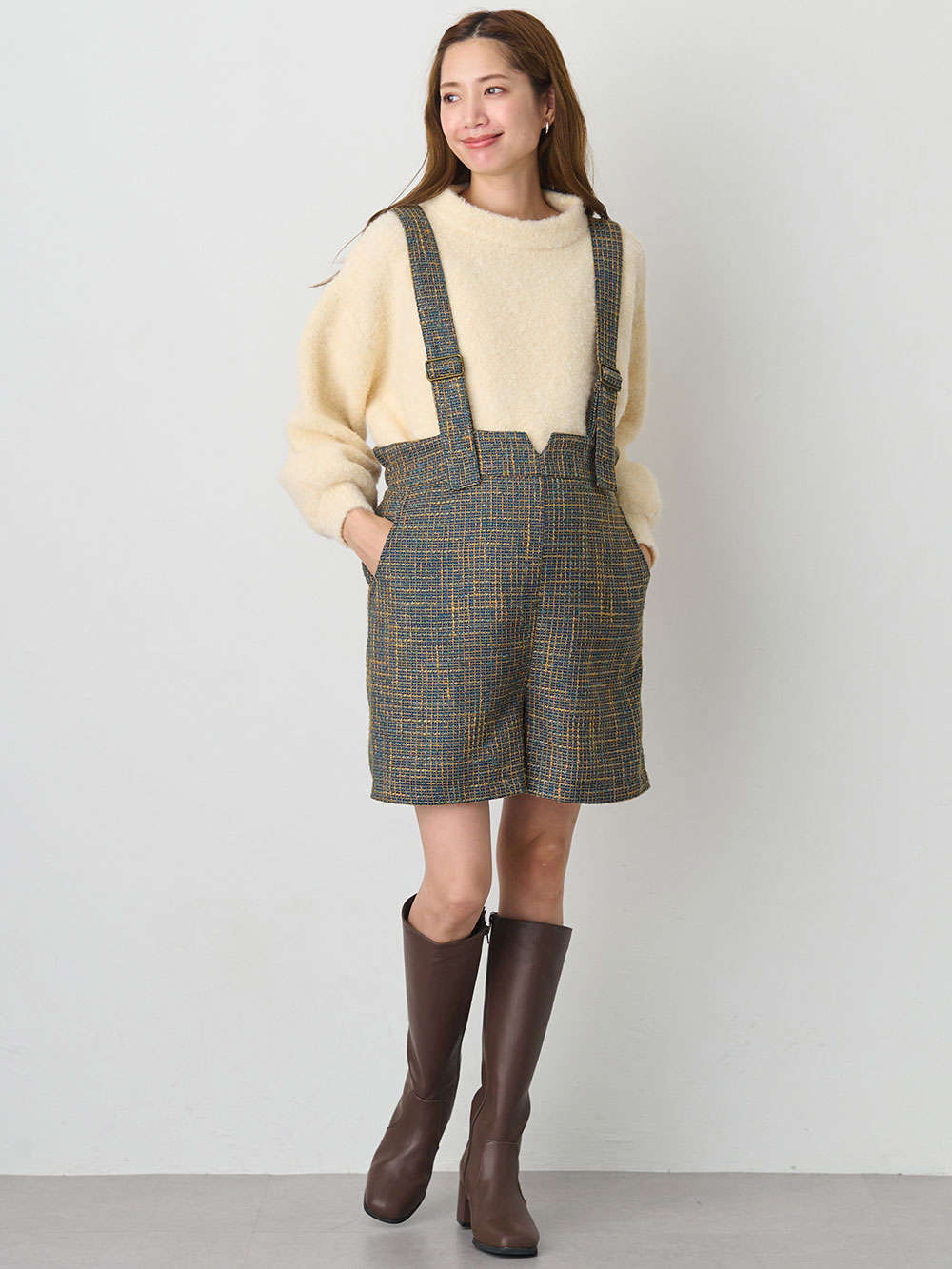 マタニティ パンツ|サスペンダーツィードショートパンツ マタニティ・産後 【出産後も長く使える】|ブルー