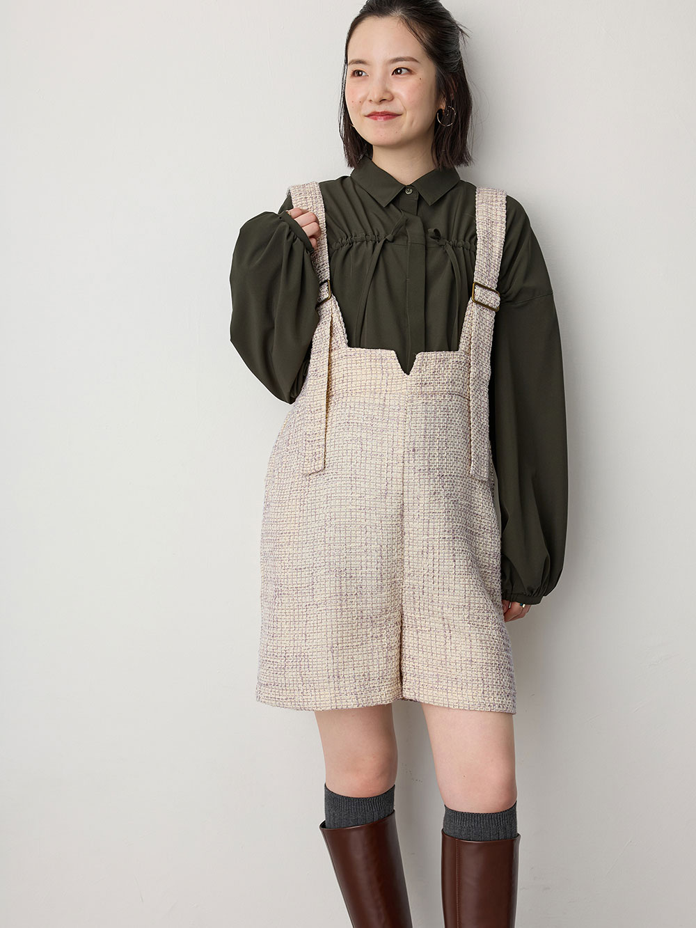 マタニティ パンツ|サスペンダーツィードショートパンツ マタニティ・産後 【出産後も長く使える】|オフ