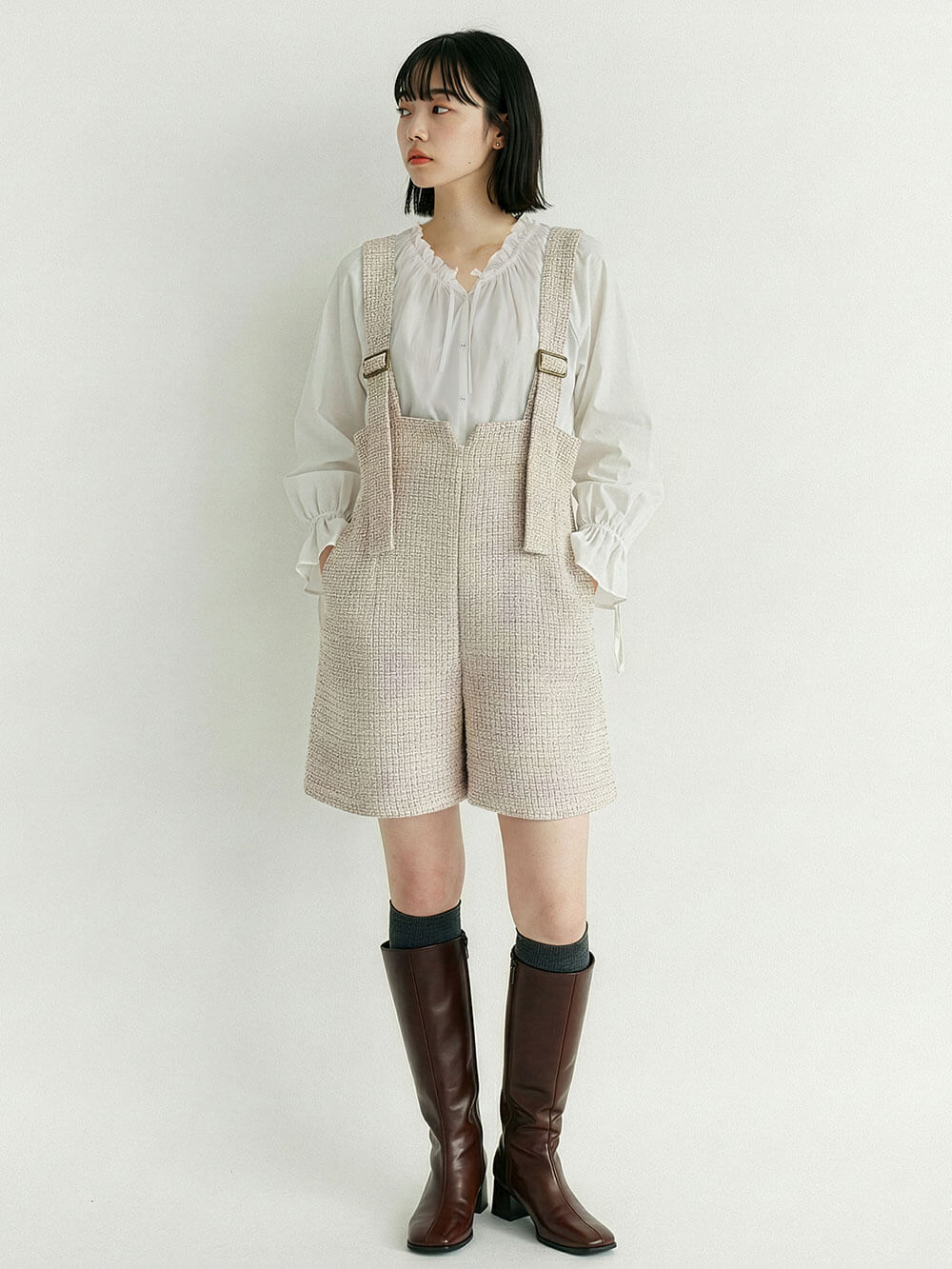 マタニティ パンツ|【最大20%OFF｜新生活まとめ買い対象】サスペンダーツィードショートパンツ マタニティ・産後 【出産後も長く使える】