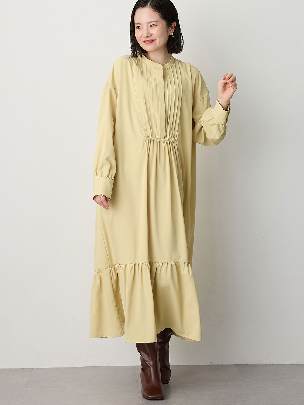 マタニティ ワンピース|【選んでオトクな割引キャンペーン対象】ピンタックワンピース マタニティ・授乳服【出産後も長く使える】|イエロー