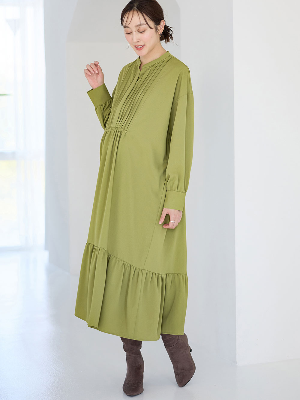 マタニティ ワンピース|【選んでオトクな割引キャンペーン対象】ピンタックワンピース マタニティ・授乳服【出産後も長く使える】|ライトグリーン