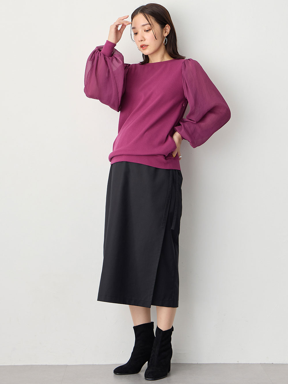 マタニティ トップス|袖シアーニットプルオーバー　マタニティ・授乳服【出産後も長く使える】|パープル