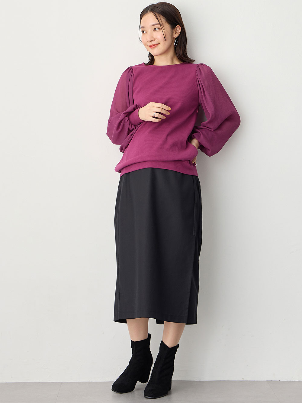 マタニティ トップス|袖シアーニットプルオーバー　マタニティ・授乳服【出産後も長く使える】|パープル