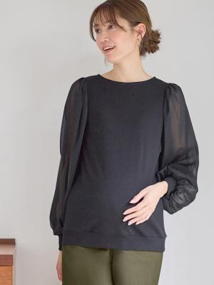 マタニティ トップス|袖シアーニットプルオーバー　マタニティ・授乳服【出産後も長く使える】|ブラック
