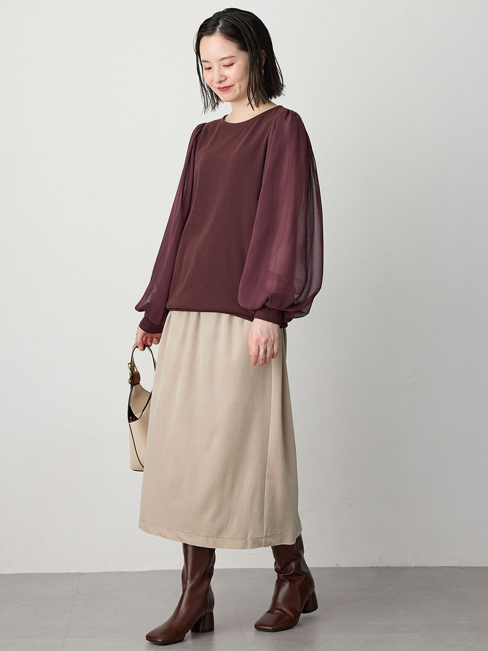 マタニティ トップス|袖シアーニットプルオーバー　マタニティ・授乳服【出産後も長く使える】|ブラウン