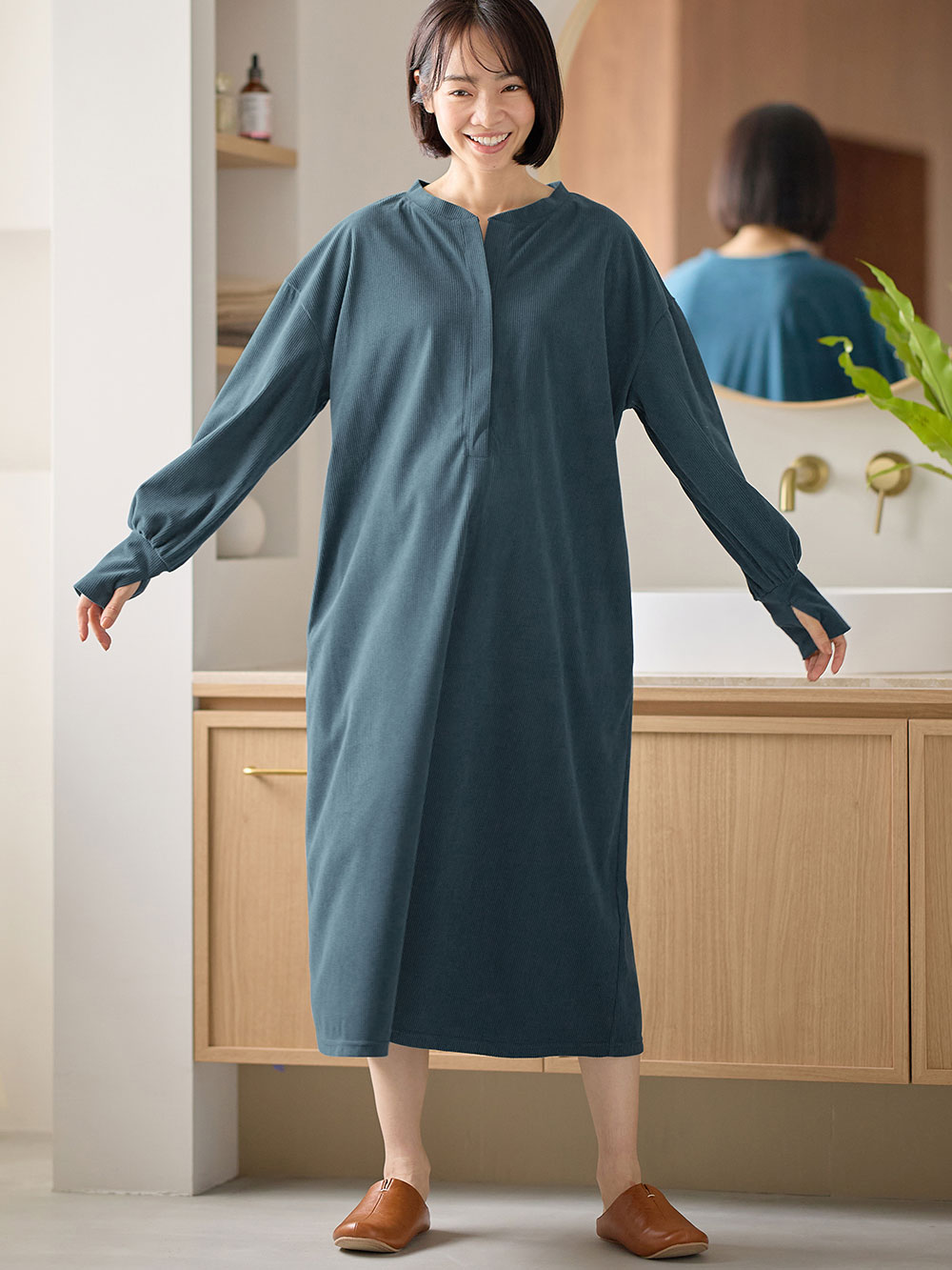 マタニティ パジャマ・ルームウェア|前開きルームウェアワンピース マタニティ・授乳服【出産後も長く使える】|ブルーグリーン
