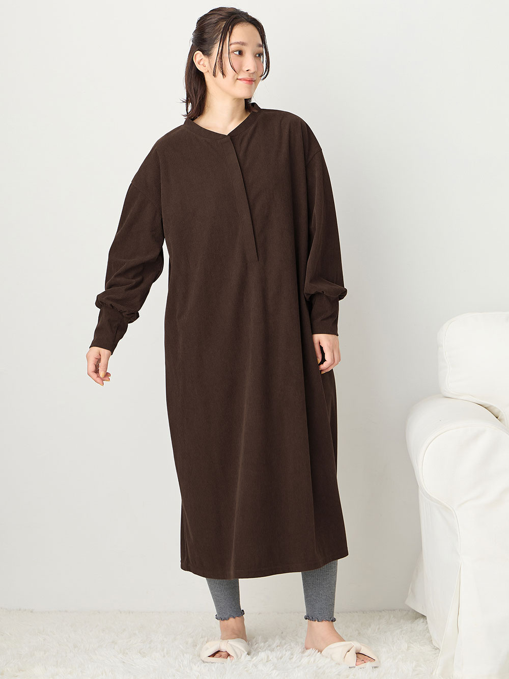マタニティ パジャマ・ルームウェア|前開きルームウェアワンピース マタニティ・授乳服【出産後も長く使える】|ブラウン