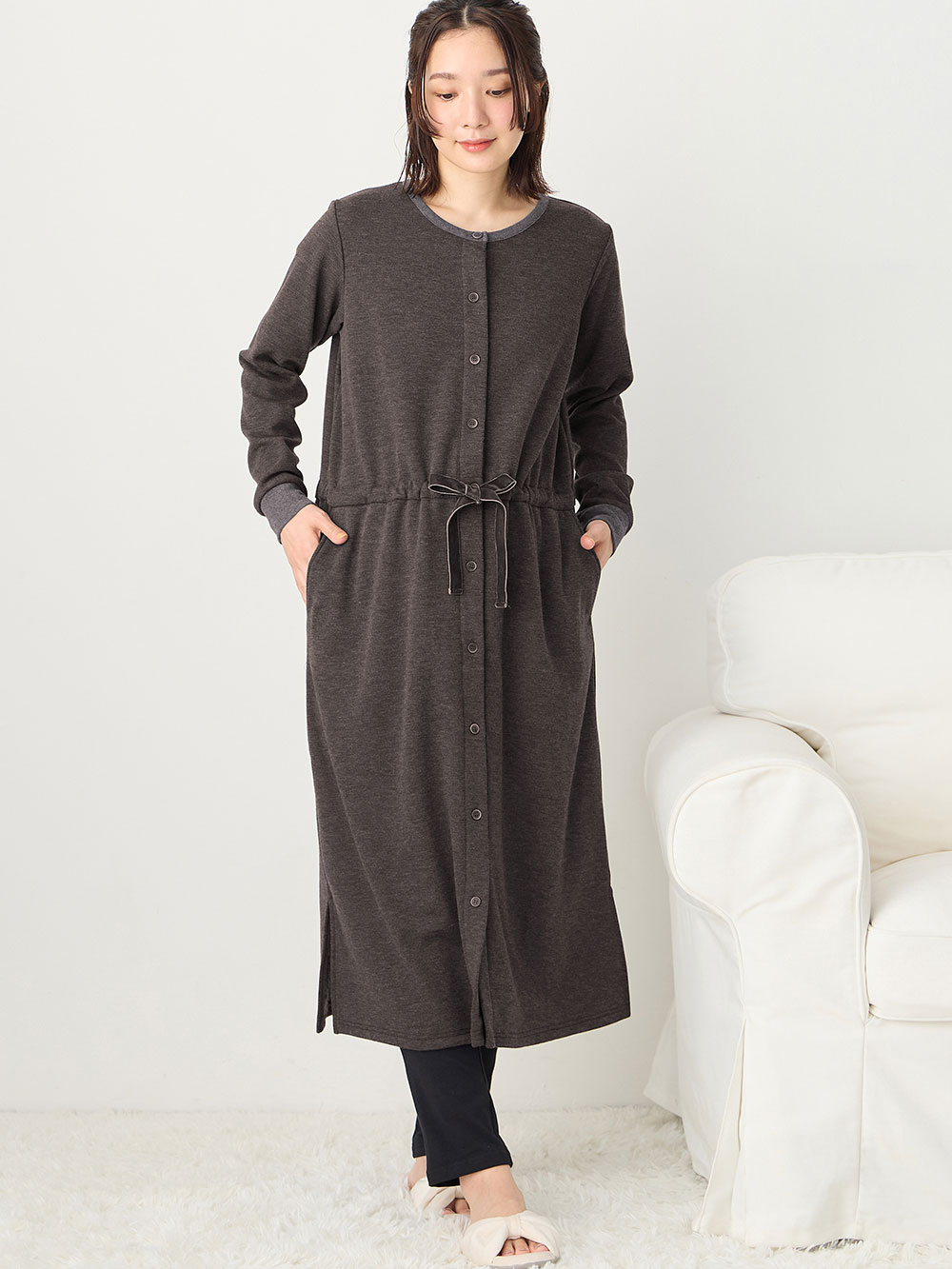 マタニティ パジャマ・ルームウェア|あったか裏シャギーブラウジングワンピース パジャマ  fairy（フェアリー）マタニティ・産後 【出産後も長く使える】|チャコール