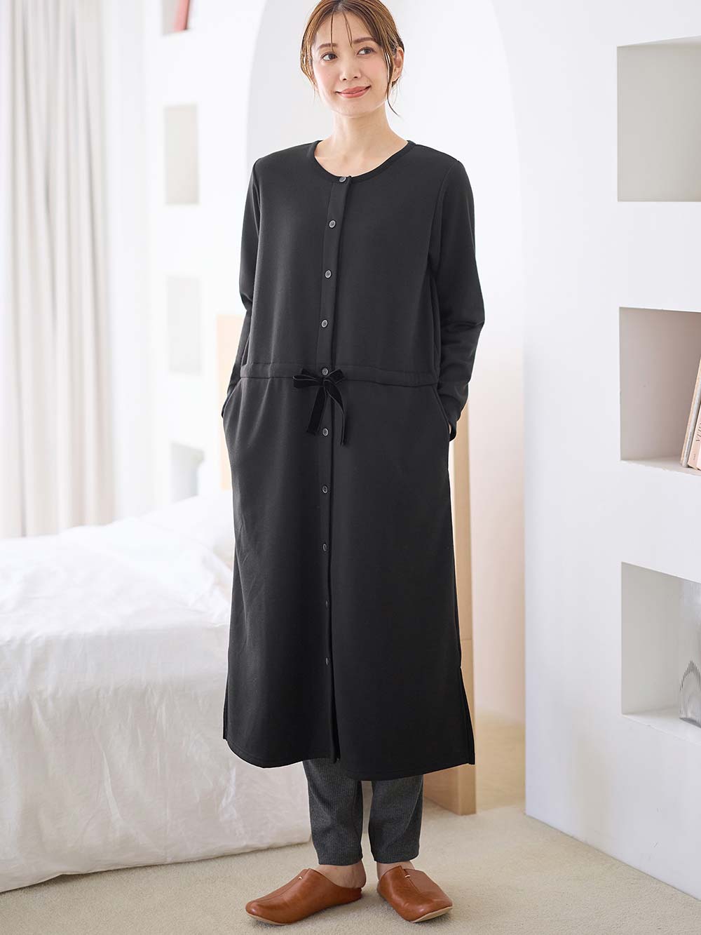 マタニティ パジャマ・ルームウェア|あったか裏シャギーブラウジングワンピース パジャマ  fairy（フェアリー）マタニティ・産後 【出産後も長く使える】|ブラック