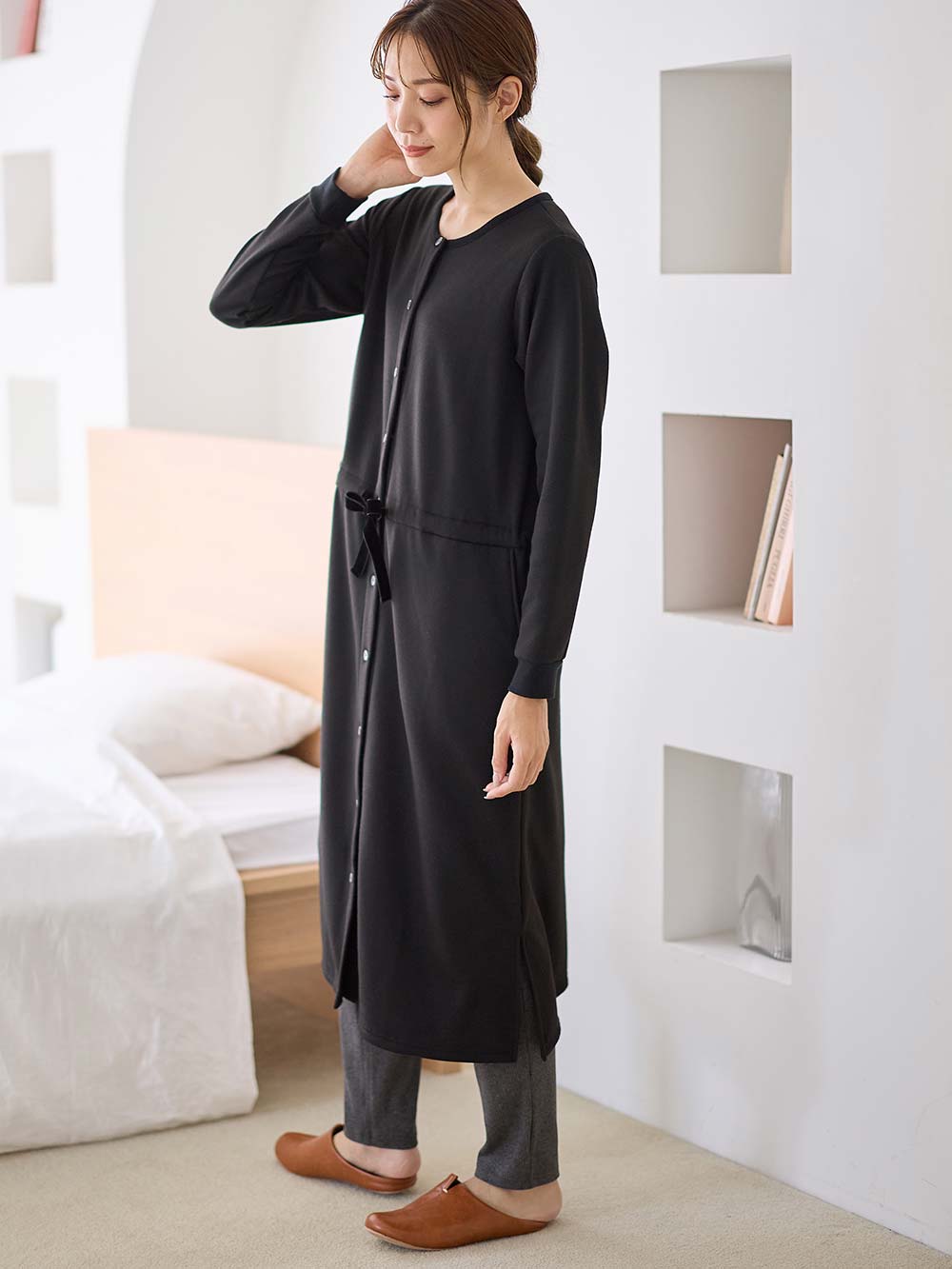 マタニティ パジャマ・ルームウェア|あったか裏シャギーブラウジングワンピース パジャマ  fairy（フェアリー）マタニティ・産後 【出産後も長く使える】|ブラック