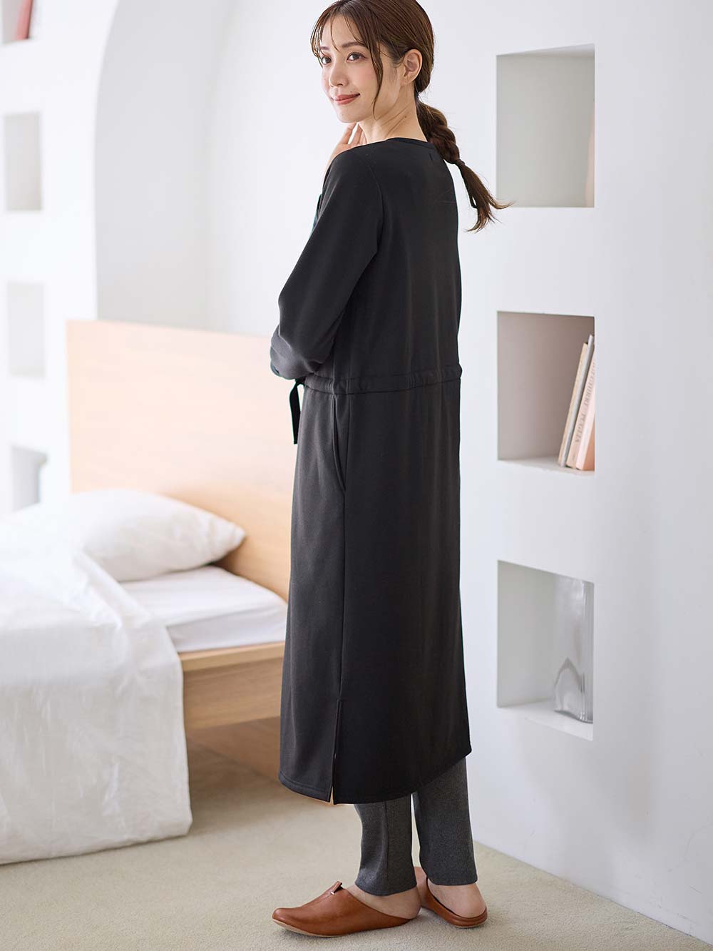 マタニティ パジャマ・ルームウェア|あったか裏シャギーブラウジングワンピース パジャマ  fairy（フェアリー）マタニティ・産後 【出産後も長く使える】|ブラック