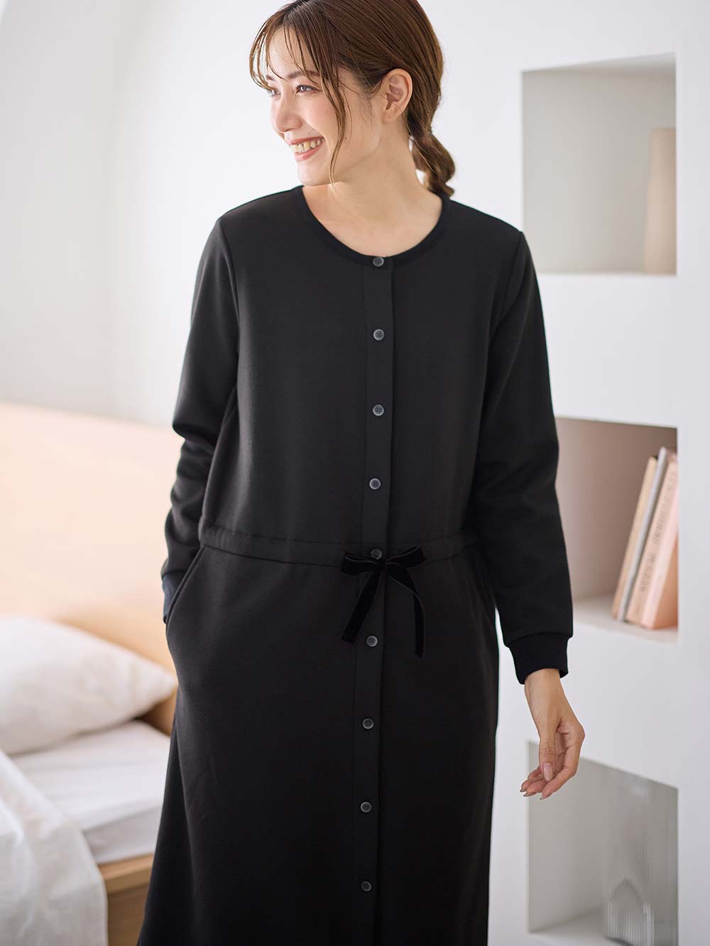 マタニティ パジャマ・ルームウェア|あったか裏シャギーブラウジングワンピース パジャマ  fairy（フェアリー）マタニティ・産後 【出産後も長く使える】|ブラック