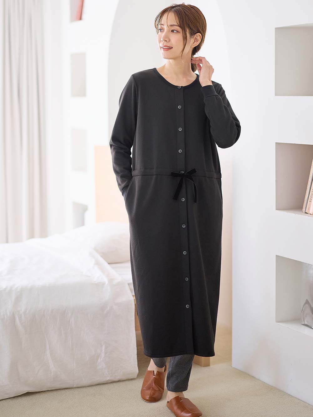 マタニティ パジャマ・ルームウェア|あったか裏シャギーブラウジングワンピース パジャマ  fairy（フェアリー）マタニティ・産後 【出産後も長く使える】|ブラック