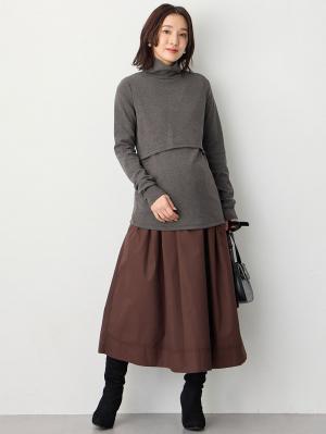 マタニティ トップス|綿混フライスタートル　マタニティ・授乳服【出産後も長く使える】|チャコール