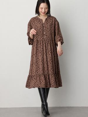 マタニティ ワンピース|裾ティアードワンピース（花柄・無地）　マタニティ・授乳服【出産後も長く使える】|ブラウン花柄