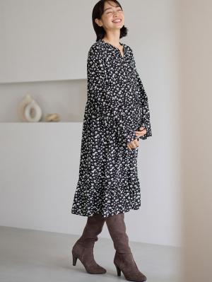 マタニティ ワンピース|裾ティアードワンピース（花柄・無地）　マタニティ・授乳服【出産後も長く使える】|ブラック花柄