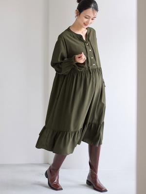 マタニティ ワンピース|裾ティアードワンピース（花柄・無地）　マタニティ・授乳服【出産後も長く使える】|カーキ