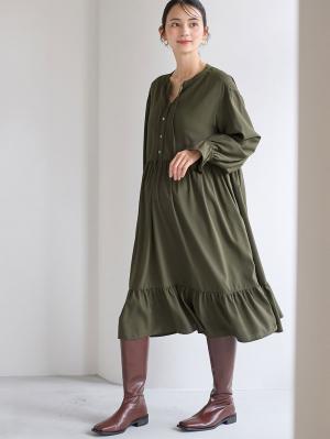 マタニティ ワンピース|裾ティアードワンピース（花柄・無地）　マタニティ・授乳服【出産後も長く使える】|カーキ
