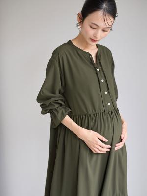 マタニティ ワンピース|裾ティアードワンピース（花柄・無地）　マタニティ・授乳服【出産後も長く使える】|カーキ