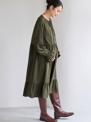 マタニティ ワンピース|裾ティアードワンピース（花柄・無地）　マタニティ・授乳服【出産後も長く使える】|カーキ